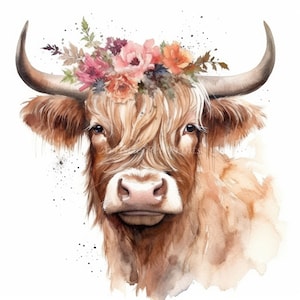 Highland Cow and Flowers Clipart - 10 High Quality Watercolor JPG's - Digital Download! Wall Art, Canvas Art, Painting, Card Making, Mugs