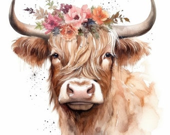 Puede incluir: Una pintura de acuarela de una vaca de las tierras altas con una corona de flores. La vaca tiene pelaje marrón y una nariz rosada. Las flores de la corona son rosas, rojas y blancas.