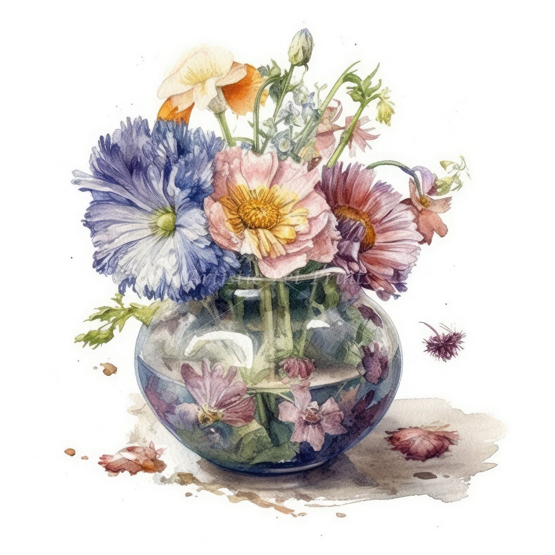 Vase of Flowers Watercolor - 10 High Quality JPG Images - Digital ...