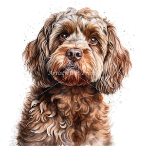 May include: Watercolor painting of a brown and white dog with curly fur. The dog is looking directly at the viewer with a sweet expression. The background is a white watercolor wash with small gray dots.
