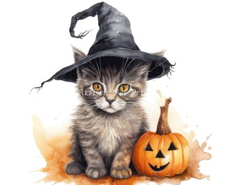 Kitten With Witch Hat Clipart - 10 High Quality Watercolor JPG's - Digital Download! Halloween Kitten Wearing A Witches Hat, Halloween Cats