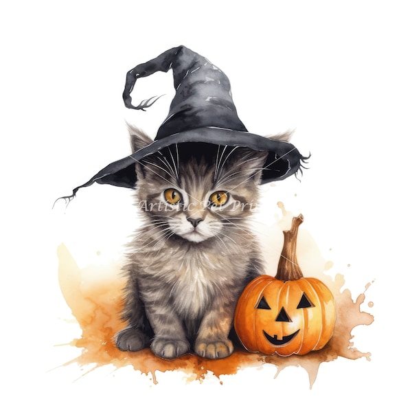 Kitten With Witch Hat Clipart - 10 High Quality Watercolor JPG's - Digital Download! Halloween Kitten Wearing A Witches Hat, Halloween Cats