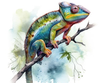 Chameleon Clipart - 10 High Quality Watercolor JPG's - Digital Download! Chameleon Art for Wall Art, Canvas Art, Coasters, Card Making, Mugs