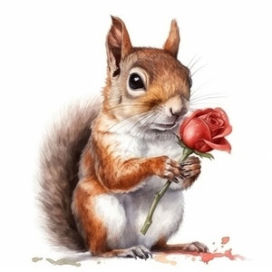 Squirrel and Flower Clipart - 10 High Quality JPG Images - Digital Download - Cute Watercolor for Card Making, Wall Art, Digital Paper Craft