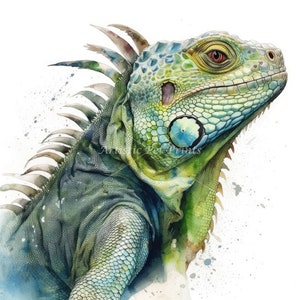 May include: A watercolor painting of a green iguana with a blue and green patterned body. The iguana is looking to the right and has a red eye. The background is white with blue and green watercolor splatters.
