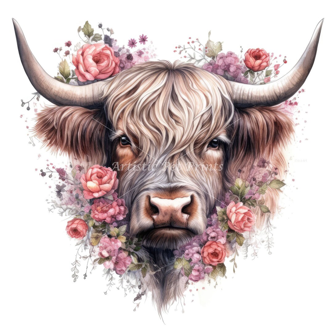 Floral Highland Cow Clipart - 10 High Quality Watercolor Jpg's ...