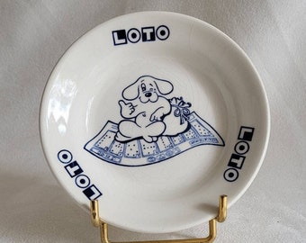 Loto ashtray Gien's earthenware blue dog by Loto white Gien ashtray blue drawing 1980 lottery grid vintage  Made in France