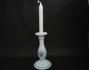 Blue candlestick Pornic's earthenware hand painted floral pattern vintage  Made in France