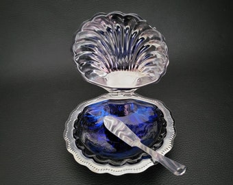 Butter dish chromed scallops blue glass scallop with small butter spatula vintage