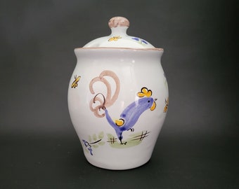 Covered hand made jar by La Chapelle des Pots with a rooster and butterflies jar with lid vintage Made in France