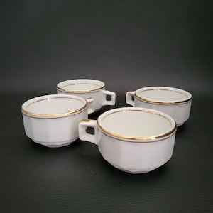 4 coffee cups French bistrot set white porcelain with golden lines vintage