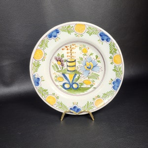 Hand painted ceramic dish soup plate blue yellow green enameled ceramic signed AK vintage