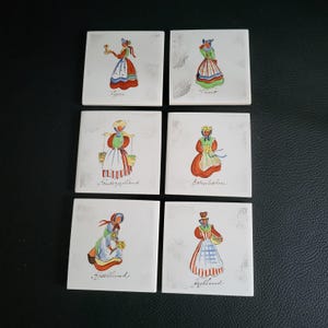 Denmark 6 ceramic coasters regional costumes from Denmark hand painted coasters cork base vintage Made in Denmark
