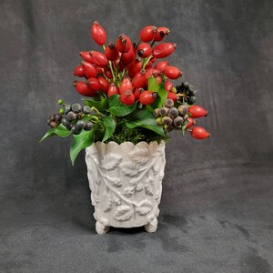 May include: A white ceramic planter with a floral design, filled with red rose hips and green leaves. The planter has three legs and a scalloped rim.