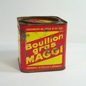 Maggi Stare metalowe pudełko na tłusty bulion MAGGI, żółte i czerwone pudełko vintage, wyprodukowane we Francji