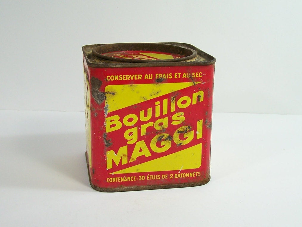 Ancienne Boite Métal Bouillon Gras Maggi Jaune et Rouge Vintage Made in France