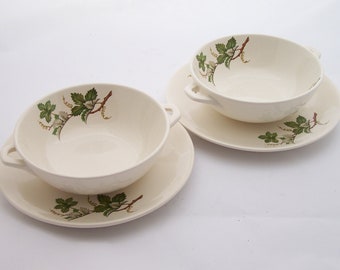 Villeroy & Boch Pair of broth cup and saucers Villeroy et Boch Luxembourg vine leaf pattern large bowls with ears vintage  Made in France