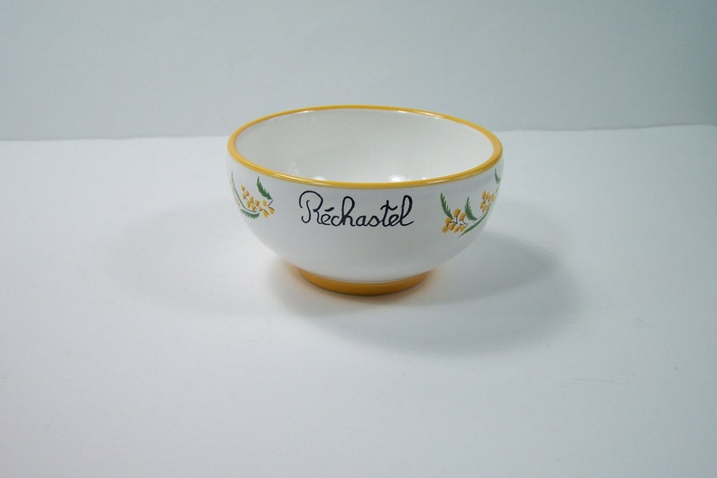 Little yellow ceramic bowl hand painted mimosa pattern by Pr\u00e9-Vert workshop in R\u00e9chastel vintage Made in France