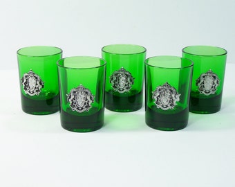 Set of 5 shot glasses, liqueur glasses, mini glasses, green glass with pewter coat of arms vintage