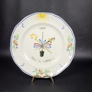 Longwy Revolutionary plate hand painted &quot;Vive la nation 1790&quot;  vintage plate 1960 Longwy earthenware Made in France