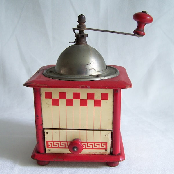 Rare Peugeot coffee grinder Lustucru pattern red and white coffee grinder 1932/1939 vintage Made in France