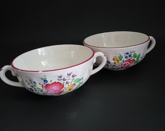Luneville double-handled cups for broth Reverbere fin pattern Keller et Guérin Lunéville earthenware 1880/1922 vintage Made in France