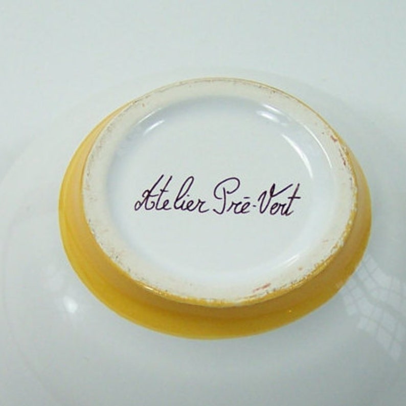 Little yellow ceramic bowl hand painted mimosa pattern by Pr\u00e9-Vert workshop in R\u00e9chastel vintage Made in France