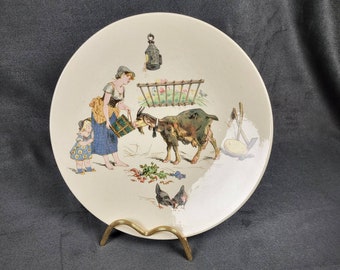 Rare Sarreguemines plate the goatherd from les enfants Richard  Sarreguemines earthenware vintage 1892 Made in France