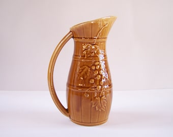 Sarreguemines Yellow ocher earthenware pitcher from Sarreguemines wine carafe with grapes pattern vintage  Made in France