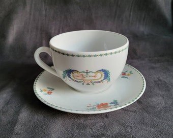 Porcelaine de Paris Grande tasse à thé et sous-tasse polychrome Porcelaine de Paris décor Pavot vintage Made in France