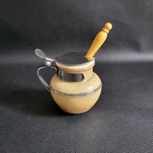Moutinox French Mustard jar beige sandstone lid with flap and spoon French bistro mustard jar vintage  18/8 stainless steel Made in France