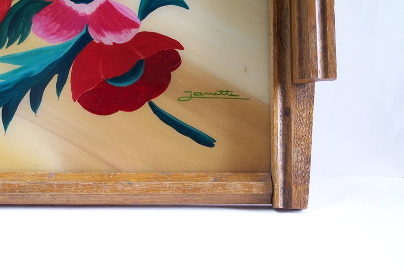 Art Deco wooden tray painting of flowers signed Janette oak tray vintage 1930 Made in France image 6