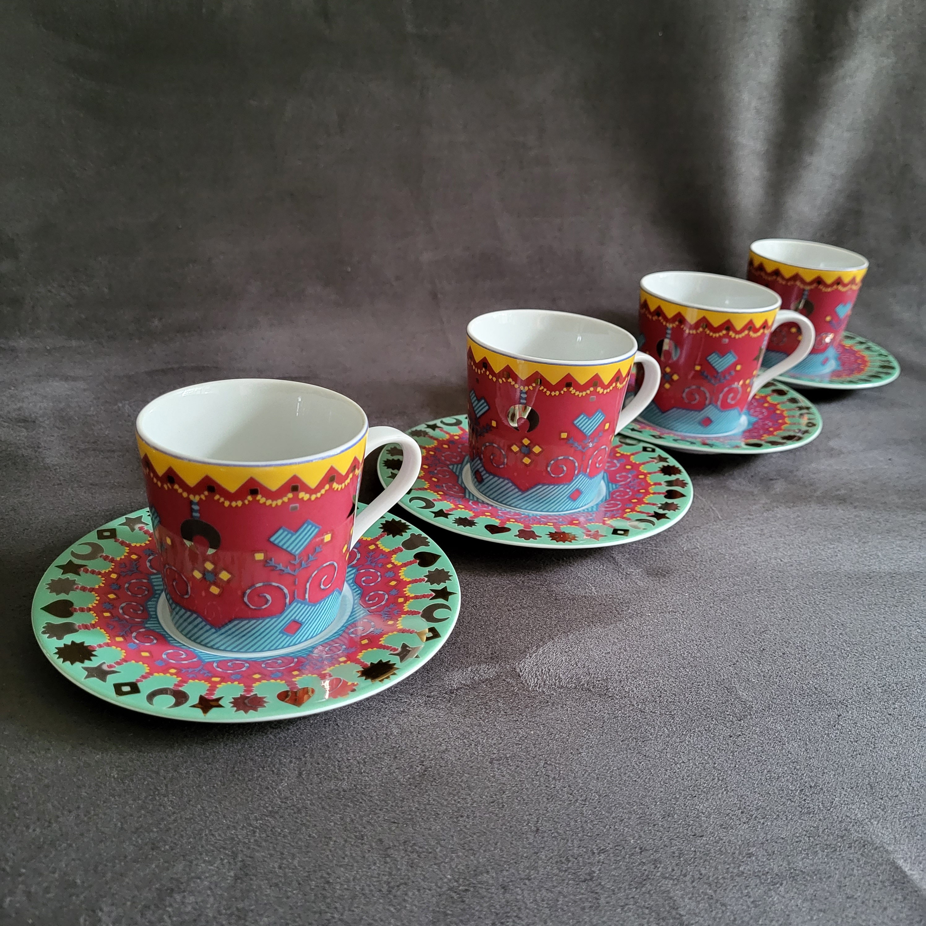 4 Coffee Cups and Saucers by Genevieve Lethu Gypsy Pattern Colored 