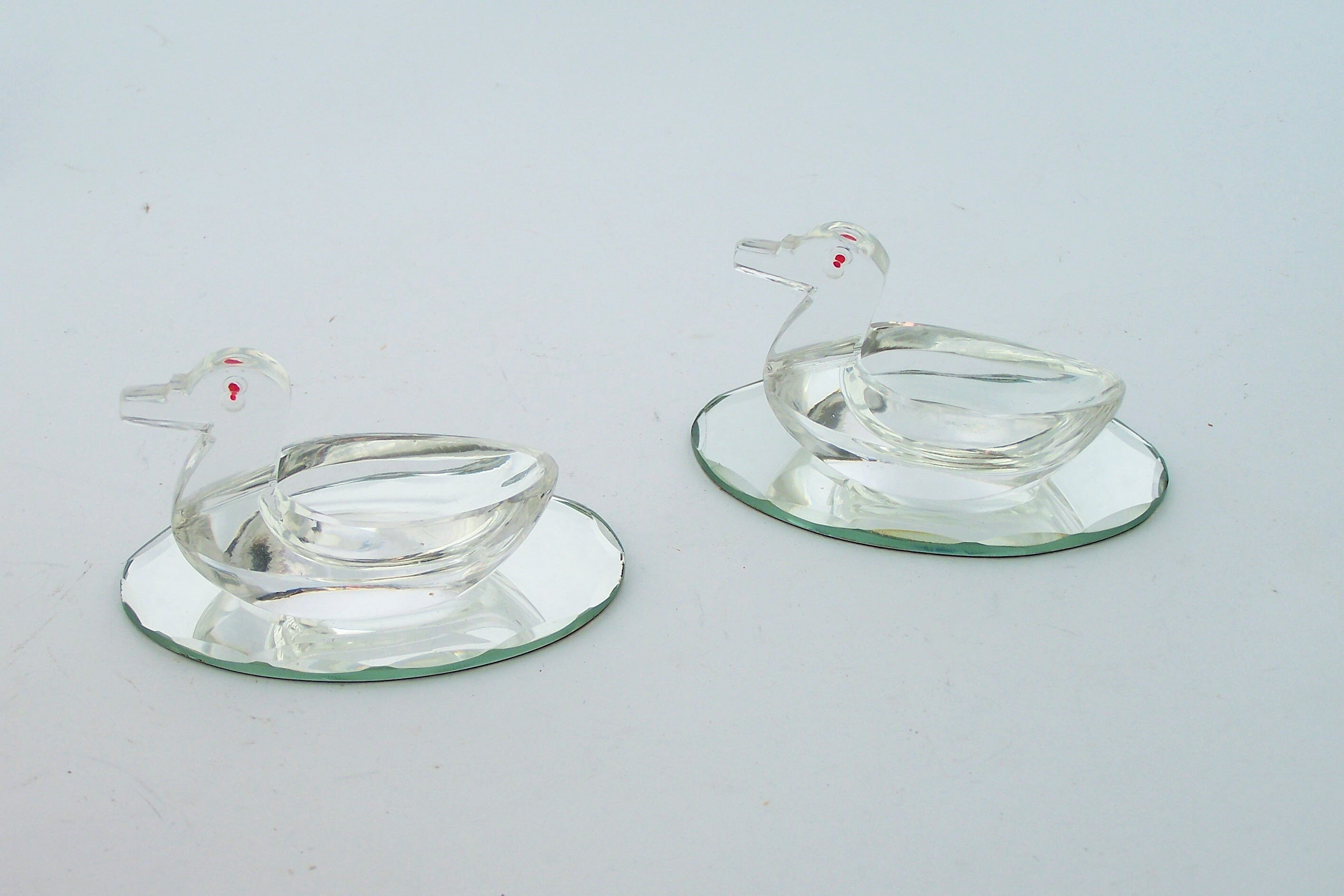 Paire de Salerons en Forme Canards Cristal Taillé sur Base Miroir Vintage Made in France