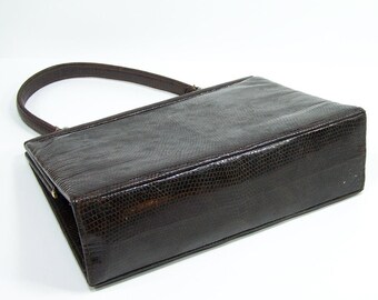 Sac à Main BERMA Vintage En Cuir Lézard Marron - Largeur 33cm, Fabriqué En France