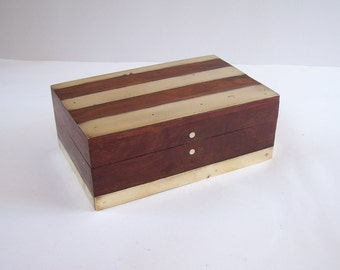 Exotic wood  rectangular box with brass inlays   vintage