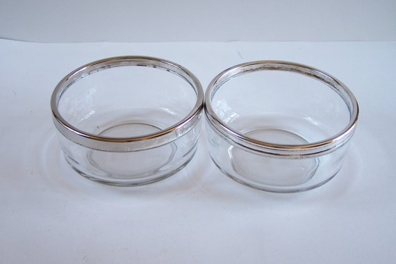 Pair of Glass Bowls Round-rimmed Silver-plated Bormioli Rocco Vintage Made  in Italy 