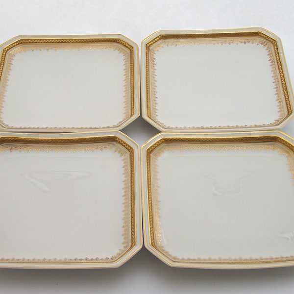 4 assiettes à dessert carrées porcelaine de Limoges blanche frise or  signées FP Limoges vintage Made in France