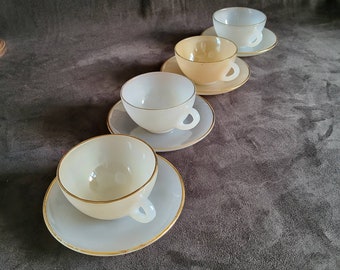 Arlequin French Coffee set Arcopal opal glass 4 coffee cups  and saucers "Arlequin" pattern opal iridescent glass  vintage  Made in France