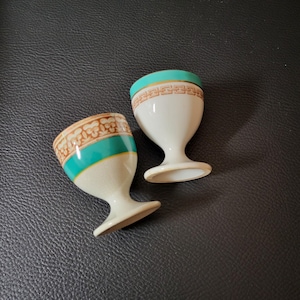 MCM Pair of egg cups brown and turquoise china and earthenware mix and match vintage 1950 Made in France
