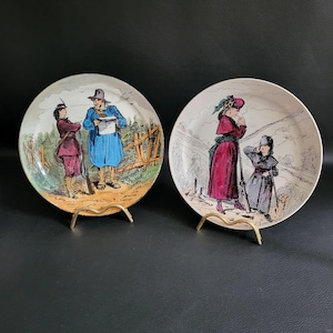 Hunting 1876 2 plates Creil and Montereau Lebeuf Millet and Co drawing by Ch Hamlet comic plates 1876/1884 polychrome vintage Made in France