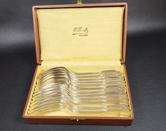 Ercuis Ménagère 6 couverts 6 fourchettes 6 cuillères à soupe 12 pièces décor à filet métal argenté coffret vintage Made in France