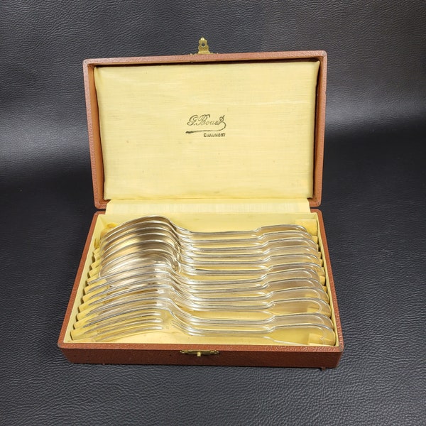 Ercuis Ménagère 6 couverts 6 fourchettes 6 cuillères à soupe 12 pièces décor à filet métal argenté coffret vintage Made in France