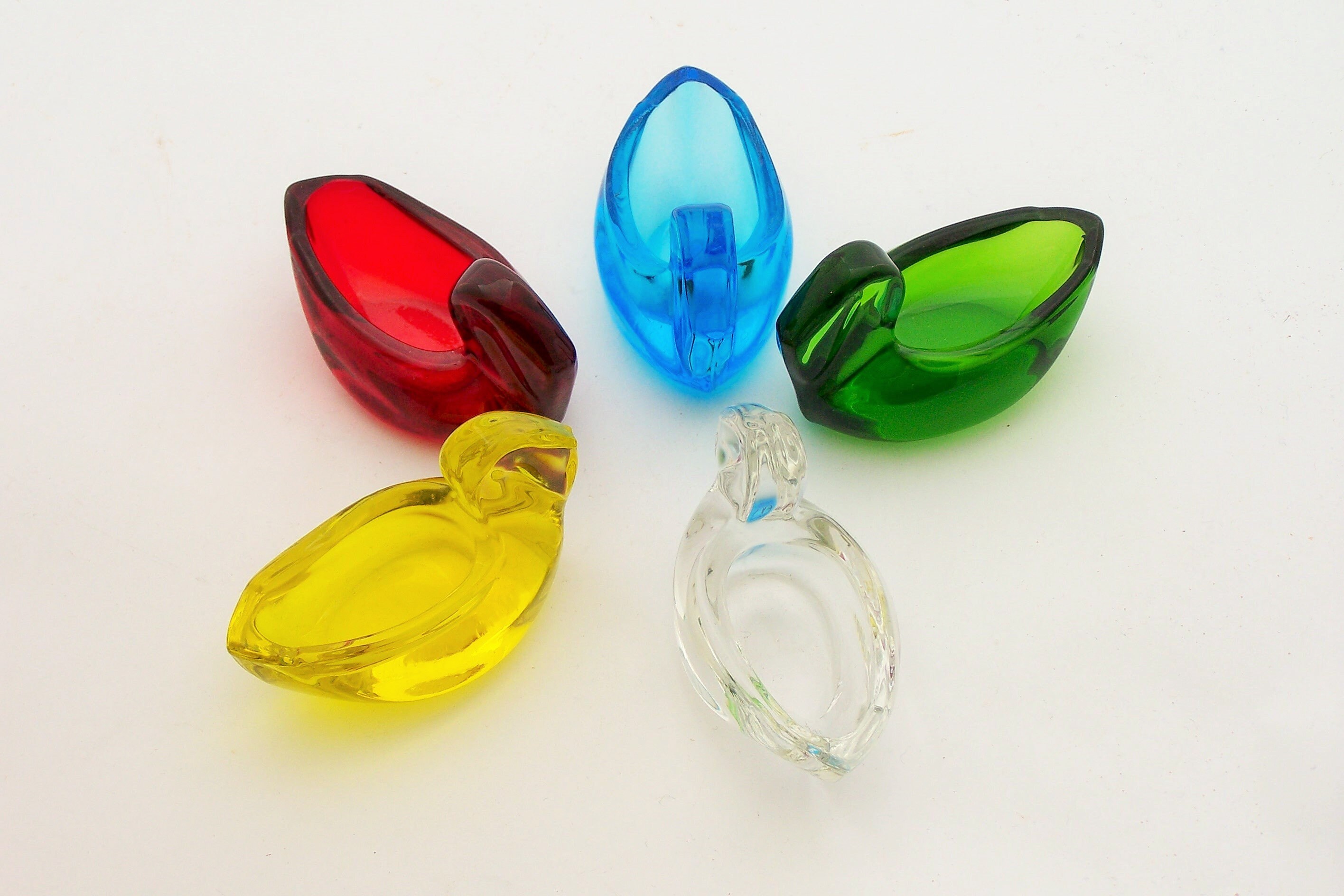 5 Canards en Verre Coloré Salière, Saucière, Canard Jaune Rouge Bleu Vert Transparent Couleur Vintag
