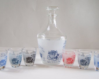 Service à liqueur une carafe et  6 petits verres Verrerie Cristal d'Arques motif Toile de Jouy Made in France vintage