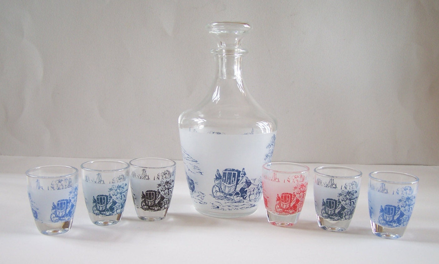 Service à Liqueur Une Carafe et 6 Petits Verres Verrerie Cristal d'arques Motif Toile de Jouy Made i