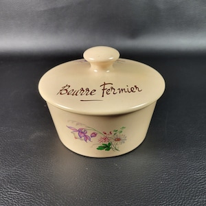 Beige ceramic water butter dish &quot;beurre fermier&quot; (farm butter) vintage flowered butter dish Made in France