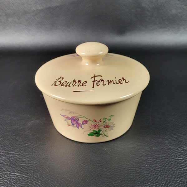 Beurrier à eau "Beurre fermier" céramique beige décor fleuri vintage Made in France