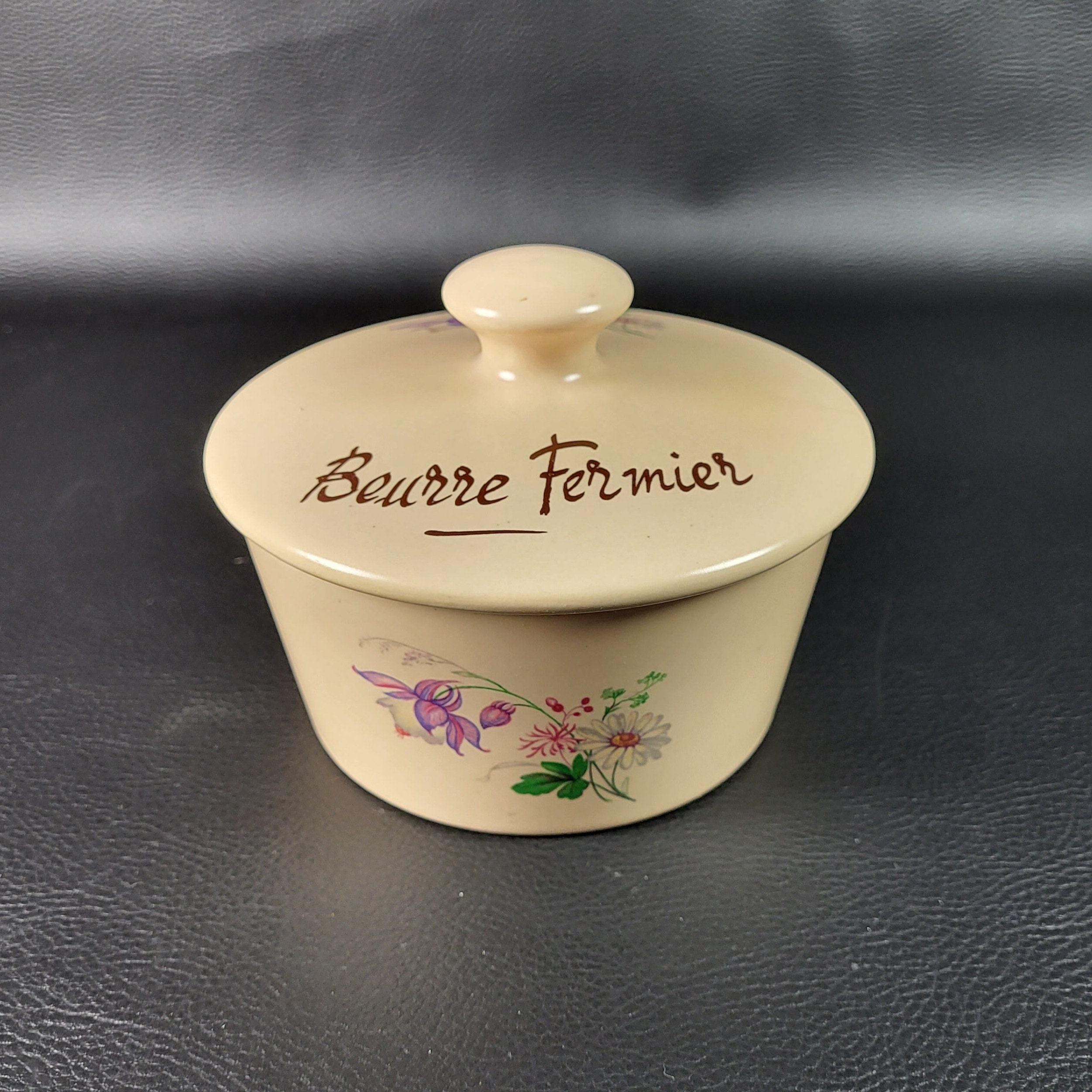 French Beurrier. Vintage, Rustic Beurre Butter Dish with Lid.