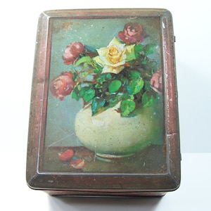 Large red tin box bouquet of roses and leaves pattern embossed vintage
